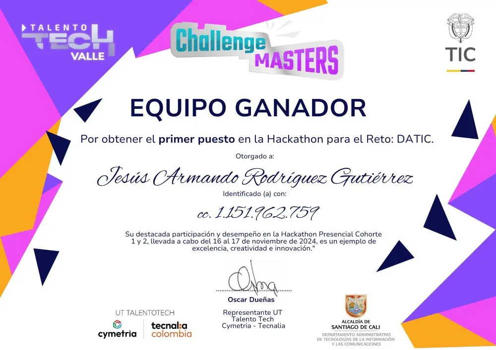 Certificado Ganador Primera Hackaton Talento Tech Valle del cauca