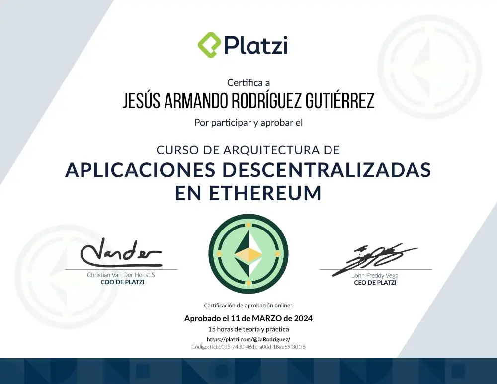 Certificado Arquitectura de Aplicaciones Decentralizadas en Ethereum platzi